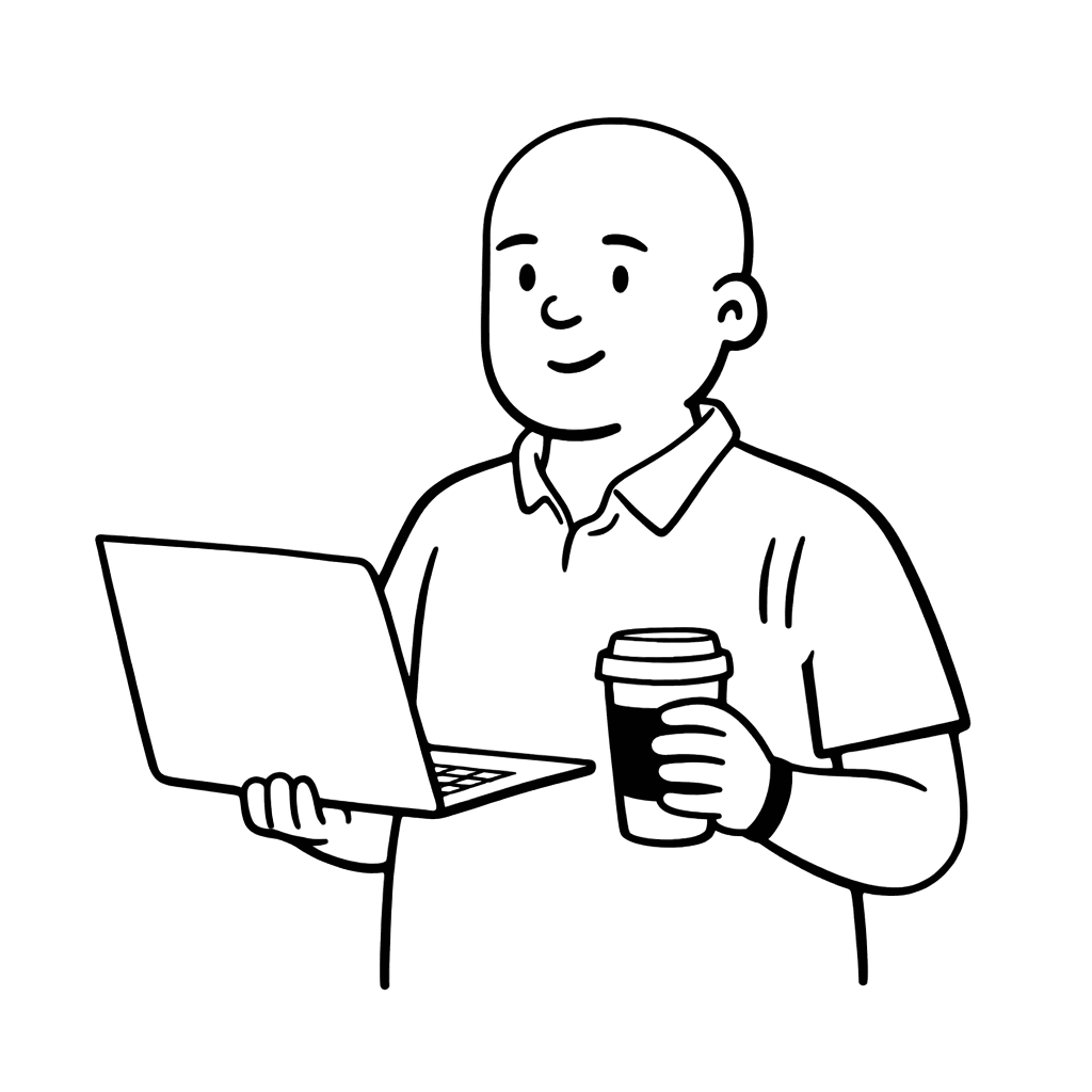 Ilustrasi Thuan memegang laptop dan kopi